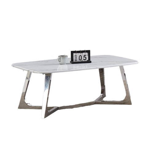 Table Basse GOSSIP Inox plateau en Granite Marbré Blanc 120x70 cm chrome