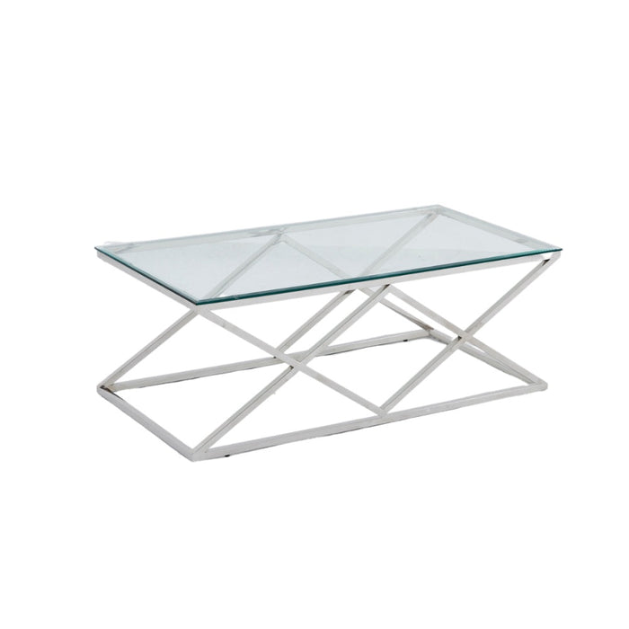 Table Basse TRIANGLE Chrome et plateau en verre 120x60 cm transparent