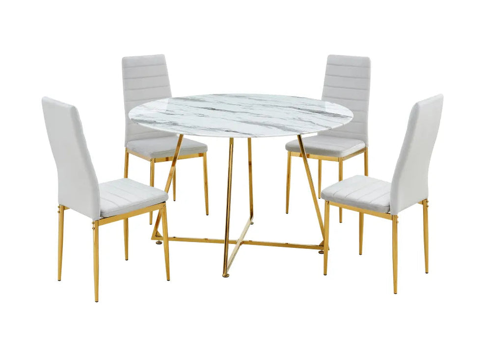 Table à manger ronde 4 personnes HELOISE Gold verre blanc D120 cm marbré blanc