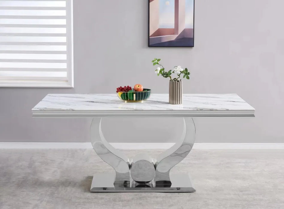 Table à manger TROFY 6 à 8 personnes chrome verre 180x90 cm marbré blanc