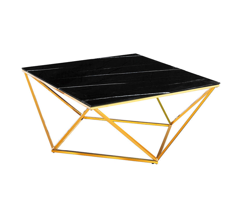 Table Basse ALINA Gold plateau en verre trempé 80x80x45 cm marbré noir