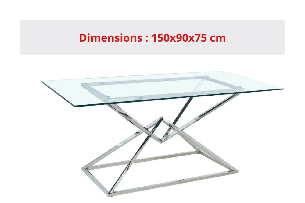 Table à manger PYRAMIDE plateau en verre et structure en acier inoxydable pour 4 à 8 personnes 150 CM