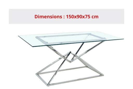 Table à manger PYRAMIDE plateau en verre et structure en acier inoxydable pour 4 à 8 personnes 150 CM