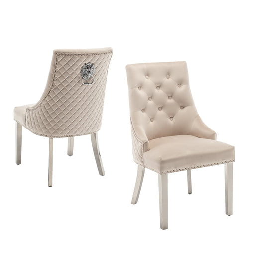 Chaise LION mattelassée et cloûtée chrome velours beige