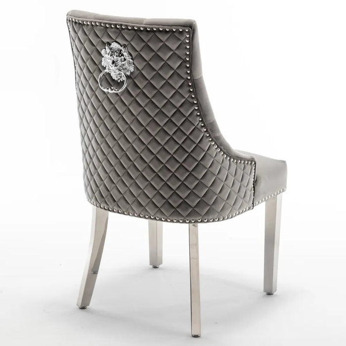 Chaise LION mattelassée et cloûtée chrome velours anthracite