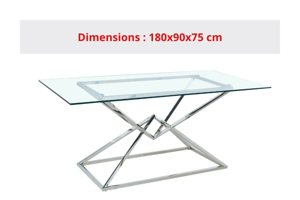 Table à manger PYRAMIDE plateau en verre et structure en acier inoxydable pour 4 à 8 personnes 180 CM
