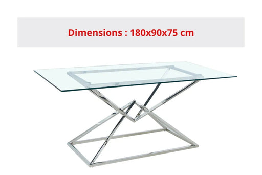 Table à manger PYRAMIDE plateau en verre et structure en acier inoxydable pour 4 à 8 personnes 180 CM