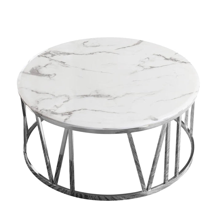 Table Basse ATMOS Chrome et plateau en verre marbré blanc