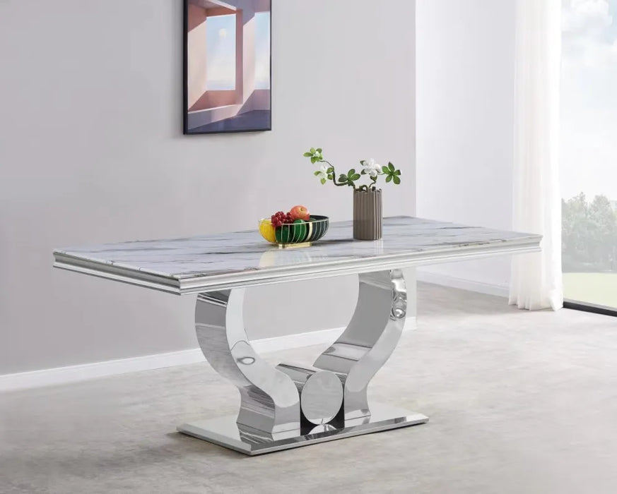 Table à manger TROFY 6 à 8 personnes chrome verre 180x90 cm marbré blanc