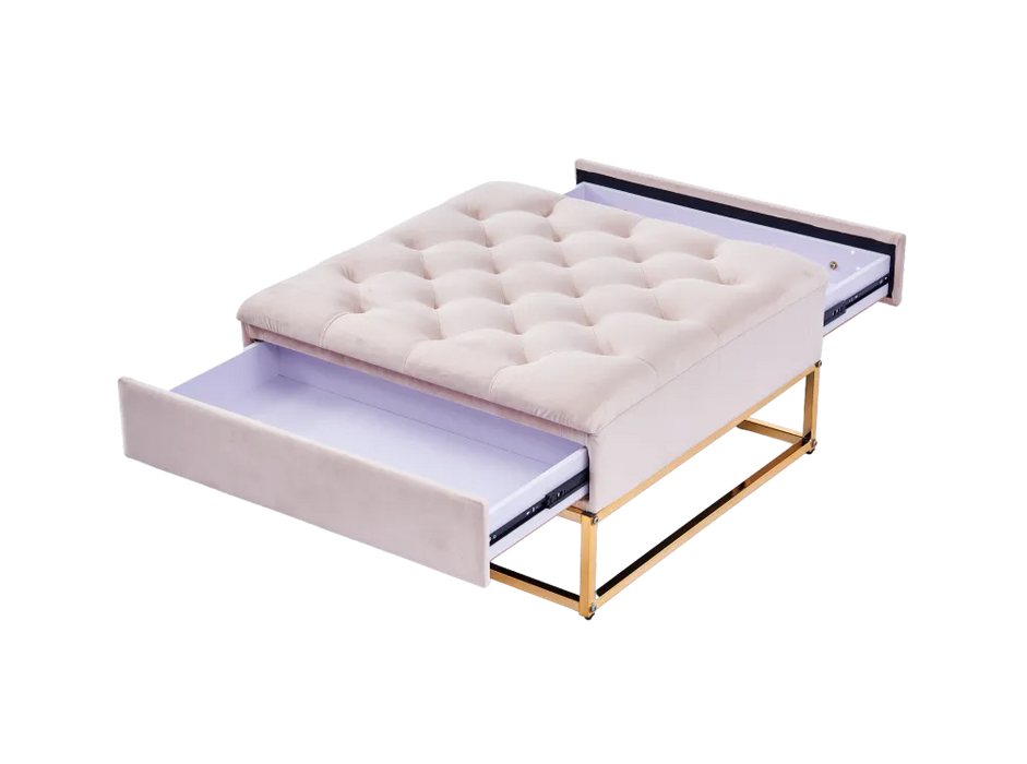 Table Basse rangements TIROIRS plateau velours capitonné beige