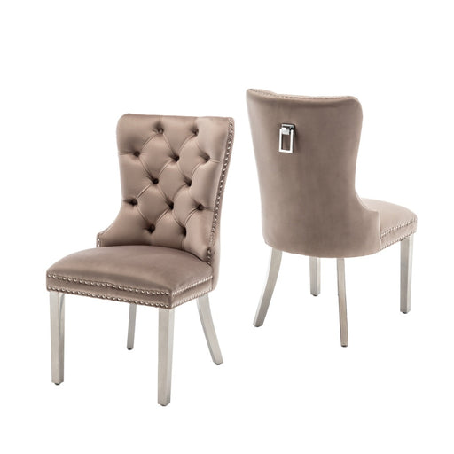 Chaise POIGNEE Cloûté en velours pied chromé moka