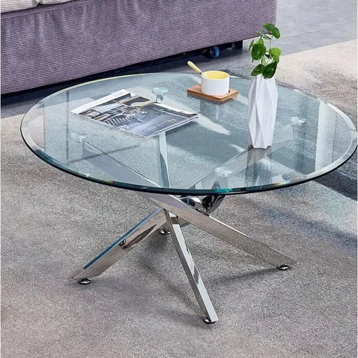 Table basse ronde JESSY pieds chrome et plateau en verre 80 cm transparent