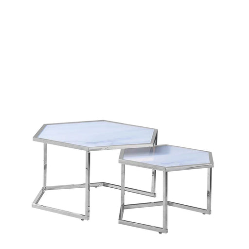 Table Basse Gigogne HEXAGONA structure chrome et plateau en verre marbré blanc