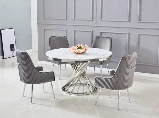 Table à manger ronde NAUTILUS en verre marbre blanc chrome