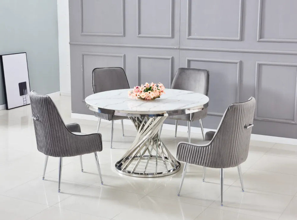 Table à manger ronde NAUTILUS en verre marbre blanc chrome