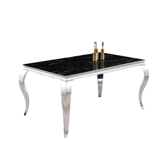 Table à manger BAROQUE 6 à 8 couverts pieds chrome plateau en verre 180x90 cm marbré noir