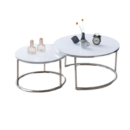 Table Basse Gigogne ARTO inox et plateau en verre blanc