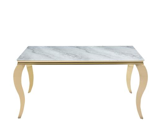 Table à manger BAROQUE 6 à 8 couverts pieds gold plateau en verre 180x90 cm marbré greige