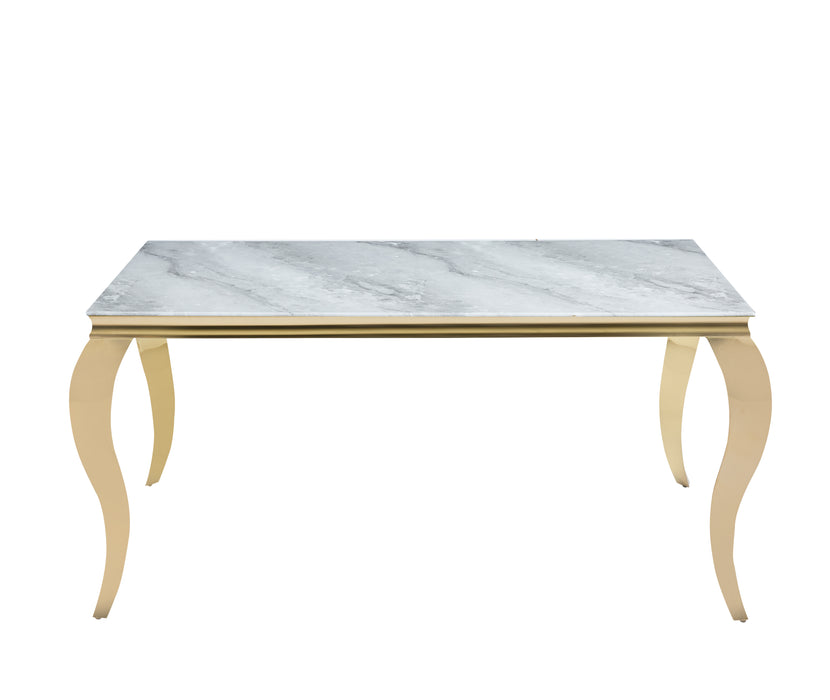 Table à manger BAROQUE 6 à 8 couverts pieds gold plateau en verre 180x90 cm marbré greige