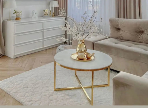 Table basse ronde LORIE Gold plateau en verre D90 cm marbré blanc