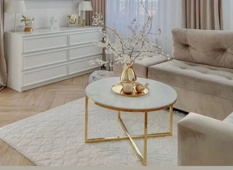 Table basse ronde LORIE Gold plateau en verre D90 cm marbré blanc