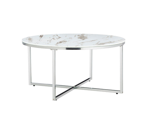 Table basse ronde LORIE chrome plateau en verre D90 cm marbré noir