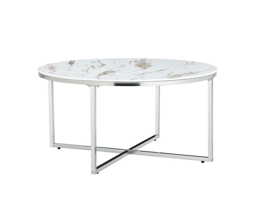 Table basse ronde LORIE chrome plateau en verre D90 cm marbré noir