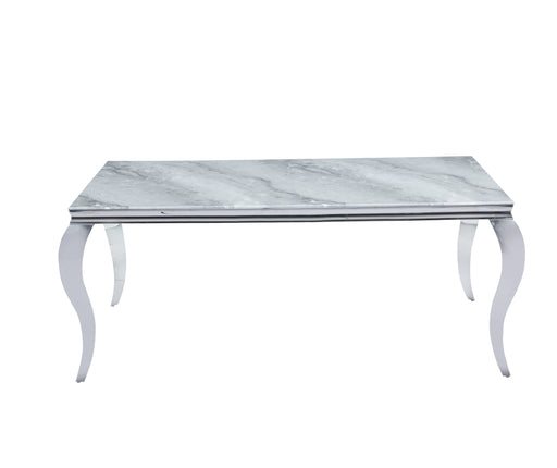 Table à manger BAROQUE 6 à 8 couverts pieds chrome plateau en verre 180x90 cm marbré greige