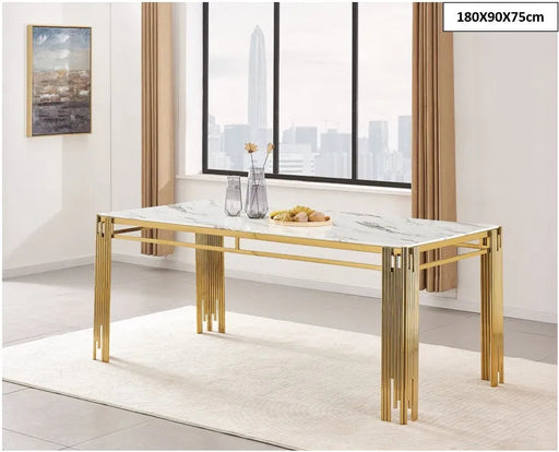 Table à manger FLUTE Gold Plateau en verre 180 CM marbré blanc