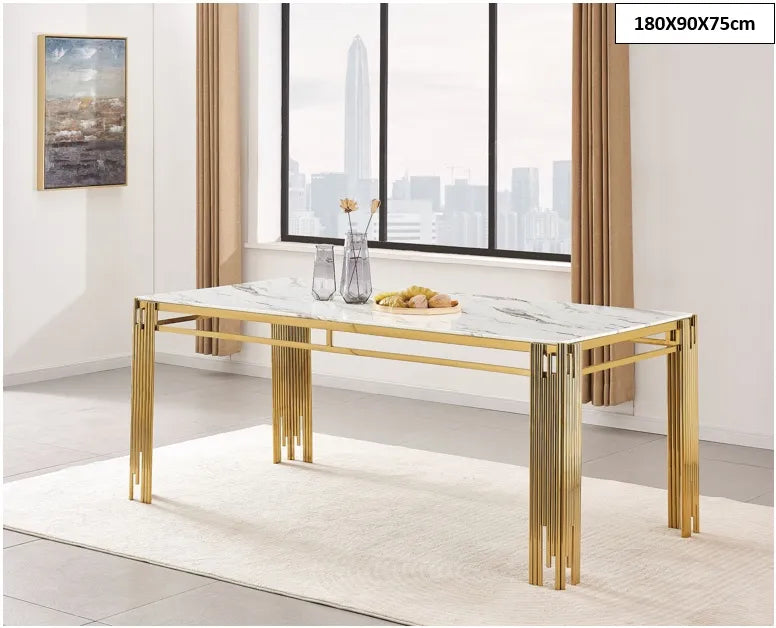 Table à manger FLUTE Gold Plateau en verre 180 CM marbré blanc