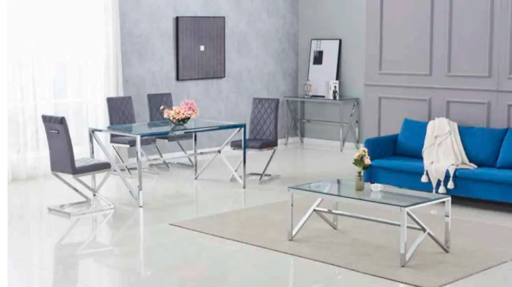 Table Basse MAJESTIQUE Chrome et plateau en verre 120x60x45 cm marbré blanc