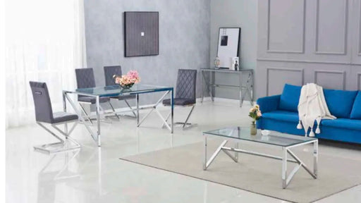 Table Basse MAJESTIQUE Chrome et plateau en verre 120x60x45 cm marbré blanc