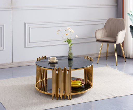 Table Basse ronde STICK Gold et plateau en verre D90 H45 cm marbré noir