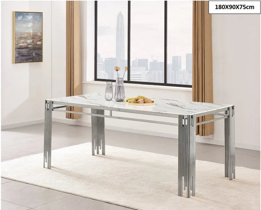 Table à manger XXL FLUTE Chrome Plateau en verre Marbré 180 cm marbré blanc