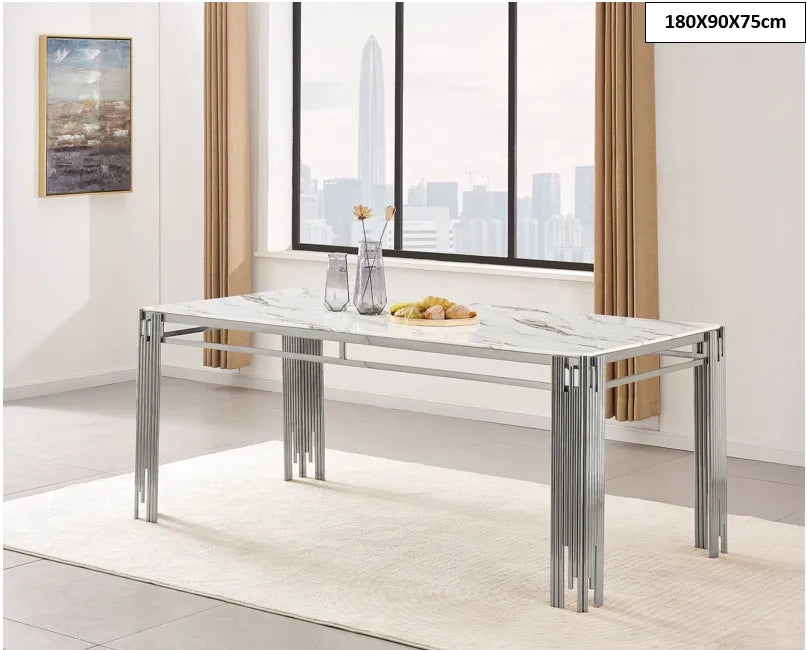 Table à manger XXL FLUTE Chrome Plateau en verre Marbré 180 cm marbré blanc