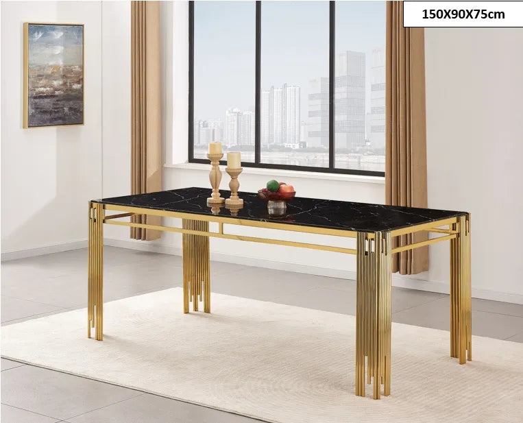 Table à manger FLUTE Gold Plateau en verre 150 CM marbré noir