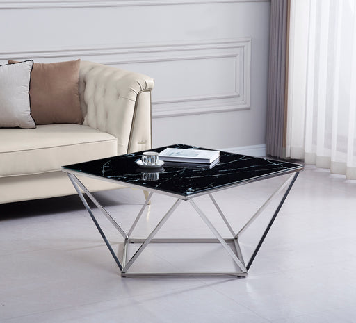 Table Basse ALINA Chrome plateau en verre trempé 80x80x45 cm marbré noir