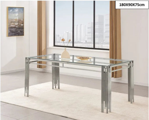 Table à manger XXL FLUTE Chrome Plateau en verre Marbré 180 cm transparent