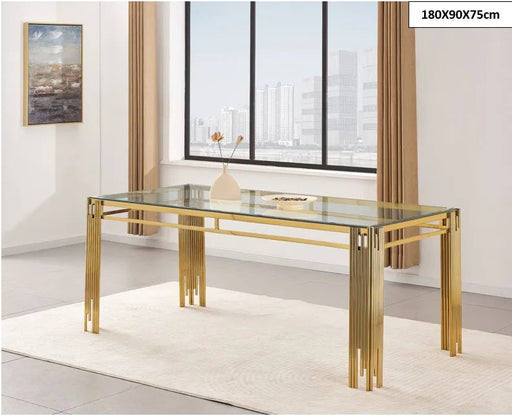 Table à manger FLUTE Gold Plateau en verre 150 CM transparent