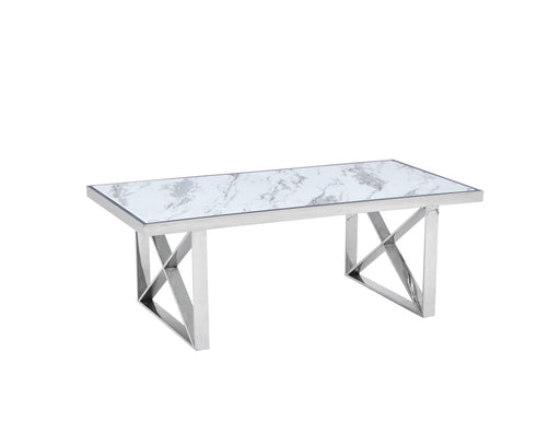 Table repas LEVANTO chrome plateau en verre trempé marbré blanc