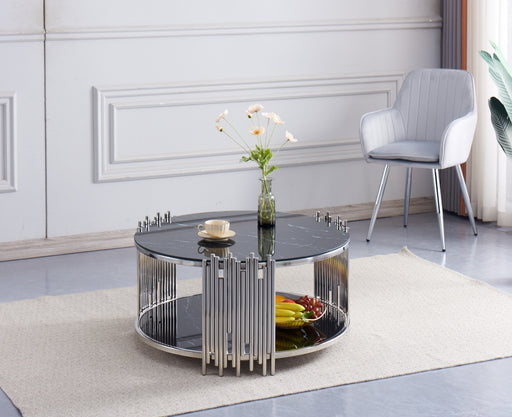 Table Basse ronde STICK Chrome et plateau en verre D90 H45 cm marbré noir