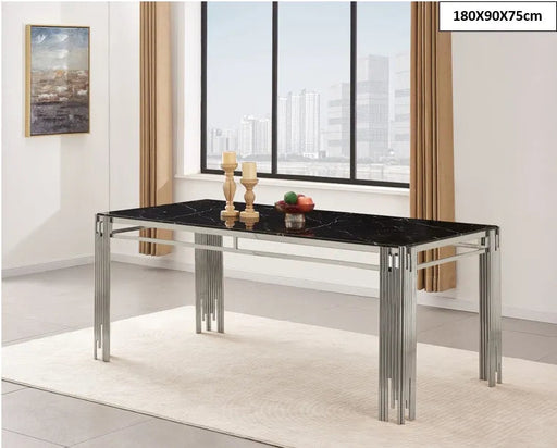 Table à manger XXL FLUTE Chrome Plateau en verre Marbré 180 cm marbré noir