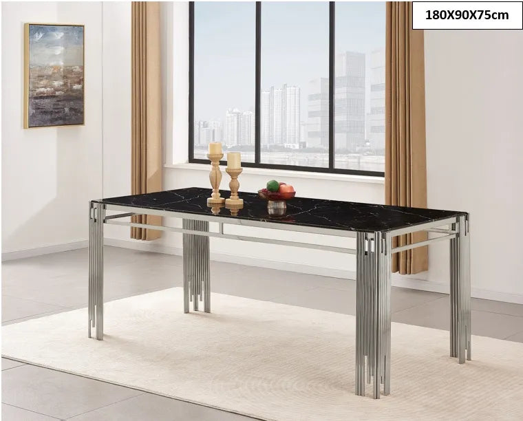 Table à manger XXL FLUTE Chrome Plateau en verre Marbré 180 cm marbré noir