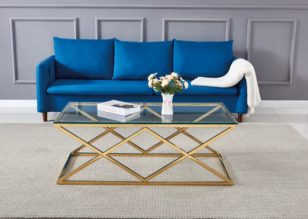 Table Basse TRIANGLE Gold et plateau en verre 120x60 cm transparent