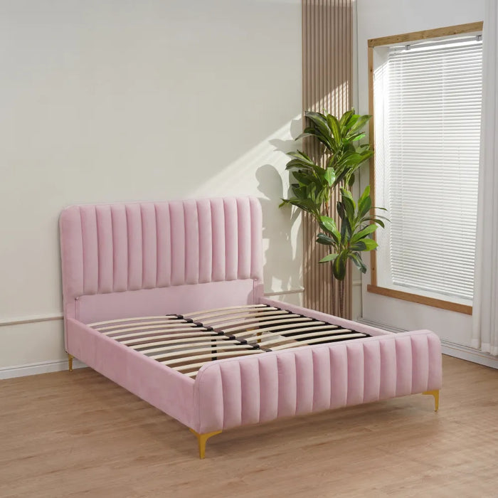 Lit 2 places 160x200 cm FAYE design velours sommier inclus rose