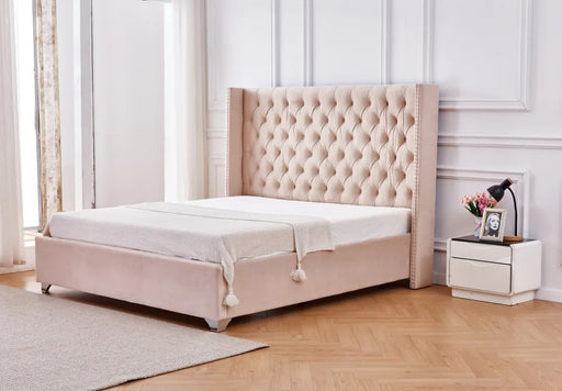 Lit double 180X200 cm PRINCESSE velours sommier inclus beige