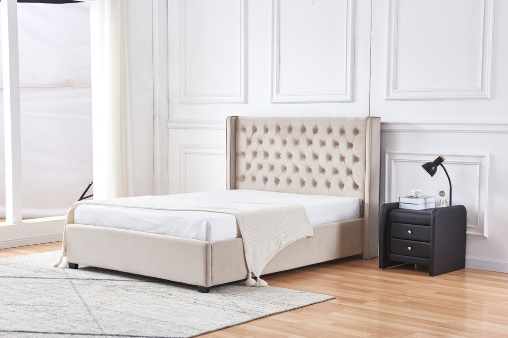 Lit 2 places 160x200 cm velours clouté ERES sommier inclus moka