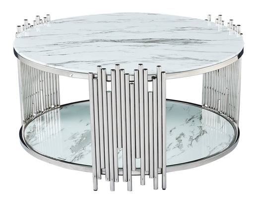 Table Basse ronde STICK Chrome et plateau en verre D90 H45 cm marbré blanc
