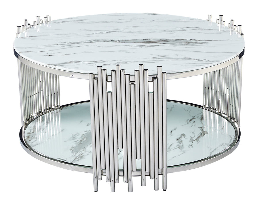 Table Basse ronde STICK Chrome et plateau en verre D90 H45 cm marbré blanc