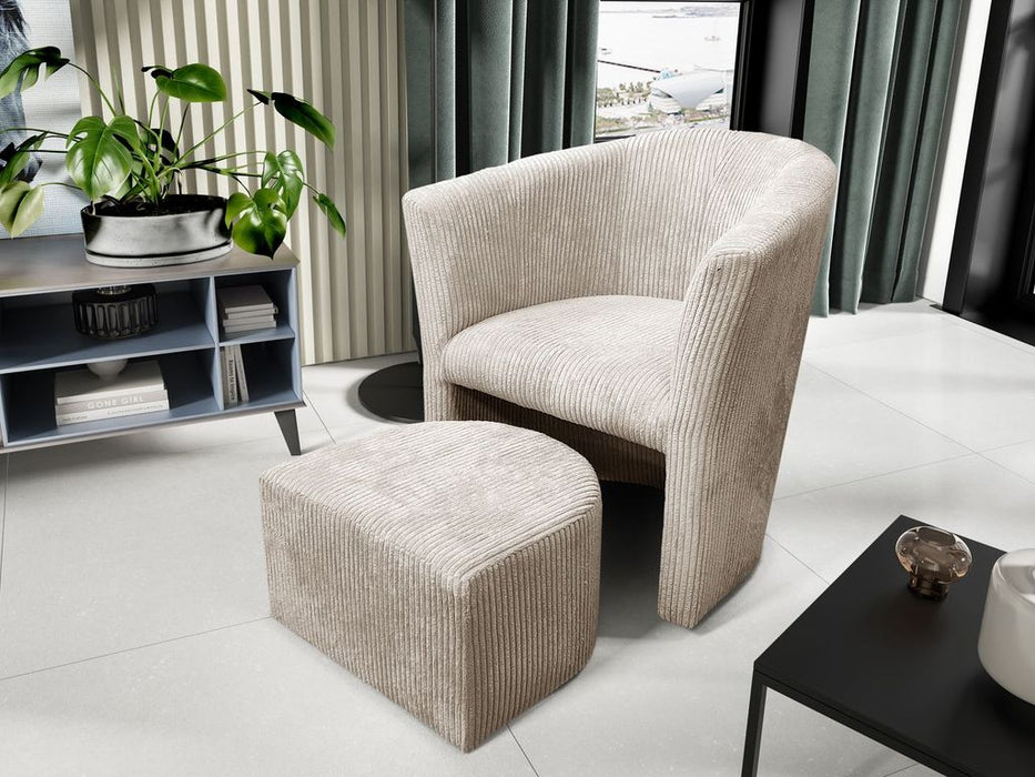 Fauteuil LINA + pouf velours cotelé écru